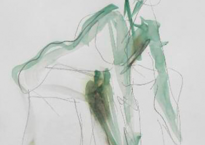 Fesselndes abstraktes Kunstwerk einer sitzenden Person in fließenden Grüntönen, minimalistischer Aquarellstil, kreative Wanddekoration, moderne künstlerische Illustration für Inneneinrichtung.
