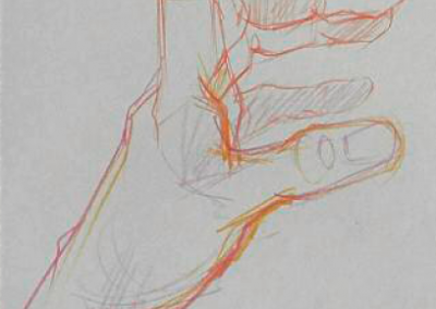 Detaillierter Bleistift- und Farbstiftzeichnung einer Hand, die eine kleine Figur hält, kreative Kunst, Skizze für Zeichnung oder Illustration.