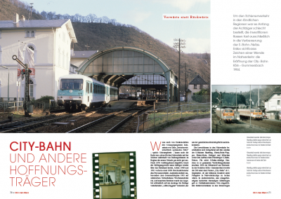 Kleinbahn im Bahnhof Köln-Cumarschen 1984, historisches Bild der Nahverkehrs-Modernisierung.