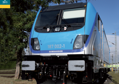 Gehypter Bombardier Triebzug im Freien, blauer Himmel, erhöhte Detailaufnahme, ideal für Zugfans und Verkehrsliebhaber.