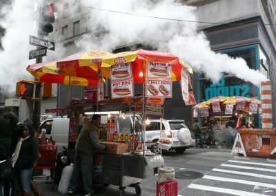 Sono cats street food stand in New York City emitting steam, hot dogs and snack vendors, urban atmosphere with pedestrians, colorful umbrellas and cityscape in the background.