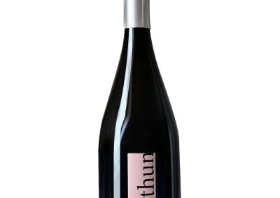 Flasche Champagner mit minimalistischer pinker Beschriftung "thun" auf weißem Hintergrund, stilvoller Sektwein für besondere Anlässe, edles Design, hochwertige Flasche, Feier, Luxus, glamourös, festlich, elegante Präsentation.