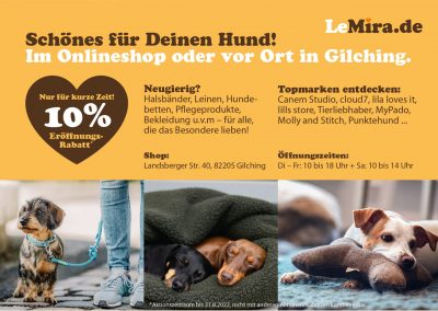 Hundefreundlicher Shop in Gilching mit Hundezubehör, Tierbedarf und Pflegeprodukten, besondere Angebote und Öffnungszeiten, großer Hundekuschelkissen und -spielzeug, Adresse in Gilching, Deutschland.