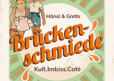 Vintage Illustration von zwei Kindern, die ein Kult-Imbiss-Café bewerben, mit retro Design und farbenfroher Schrift. Perfekt für nostalgische Lebensmittel- und Genuss-Themen.